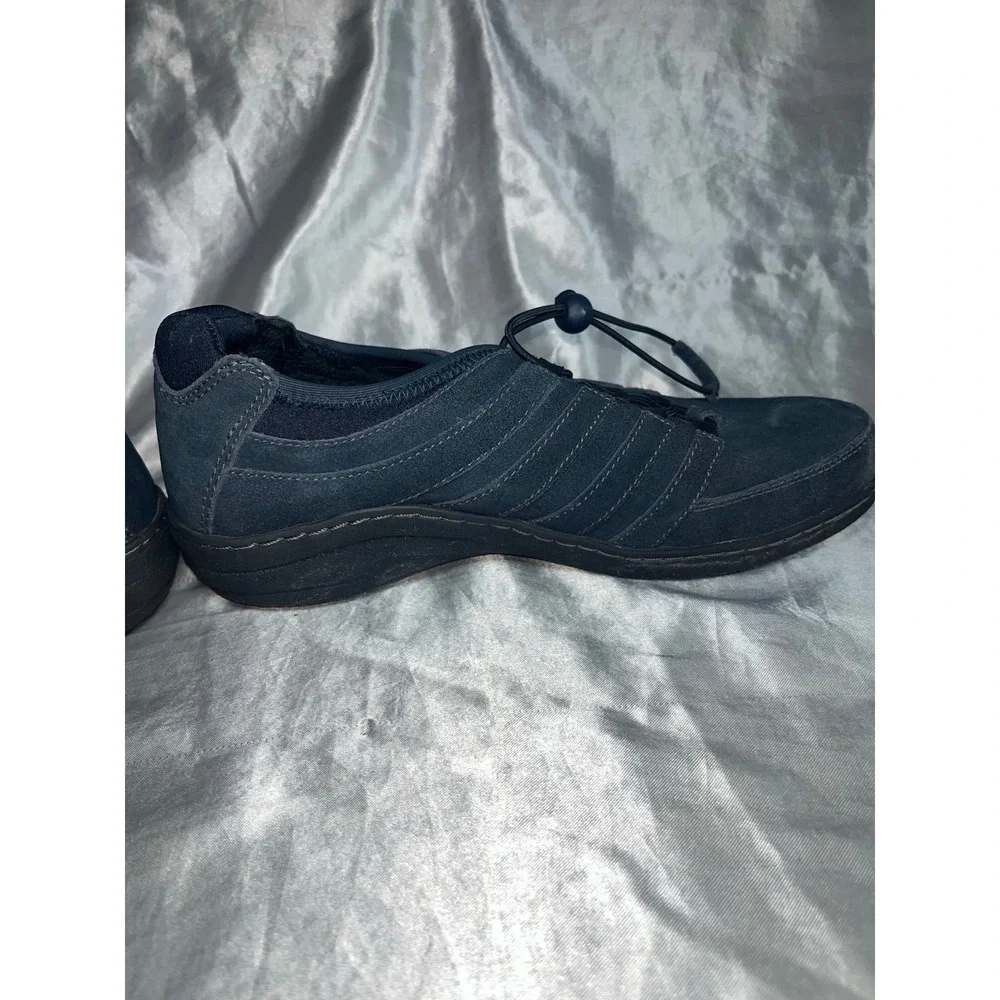 Aetrex Berries Women‎ 8.5 Navy Leather Bungee Slip On Sneakers Slip Resistant